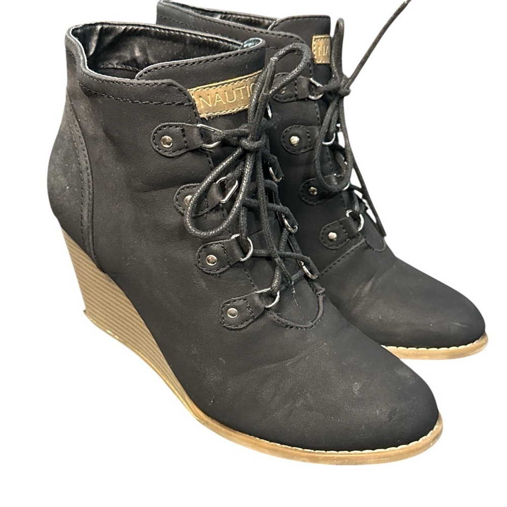 Nautica Women's Black Lace-Up Wedge Boots Size 10
